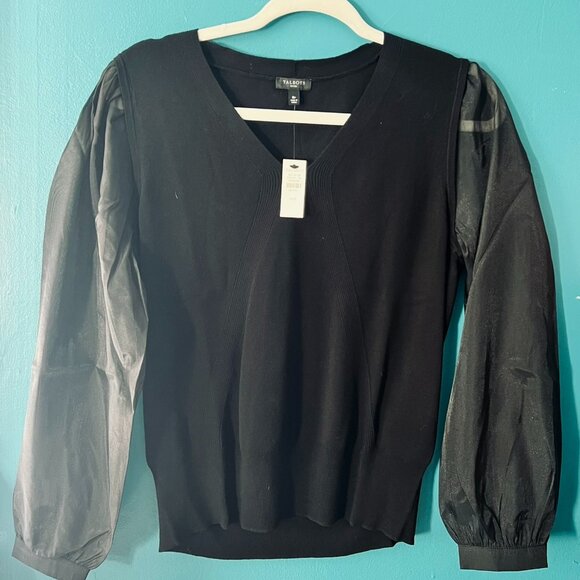 New with Tags TALBOTS Black Woven Sleeve V-Neck Pullover - Picture 1 of 6